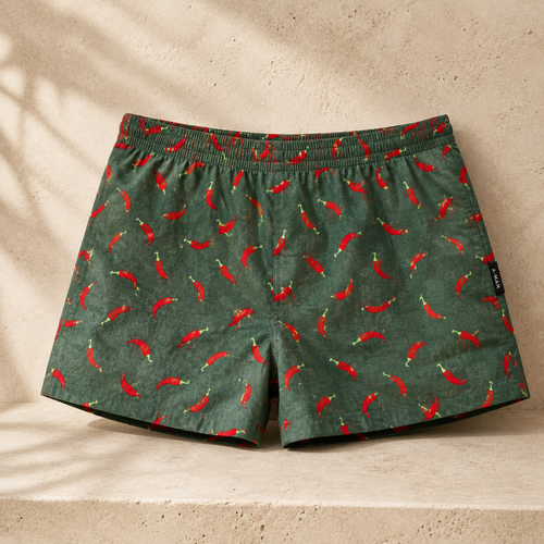 NOMO LUXE chilli print forest green 100% cotton boxer shorts